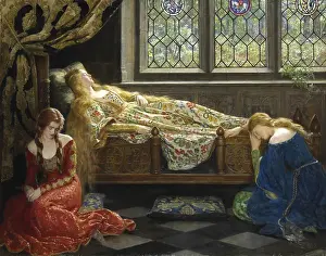 Contemplative Prints: A woman sleeps on an ornately decorated bed while two other woman sit beside her
