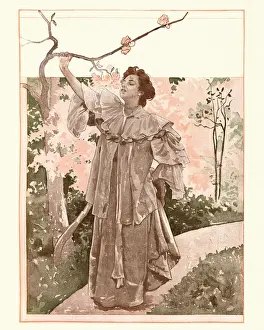 Woman smelling blossom on a tree, Art Nouveau, 1896, 19th Century