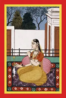 Bushes Prints: Woman smoking a pipe by a pink cushion