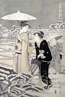 Umbrellas Prints: Woman in the snow in the Rice Fields