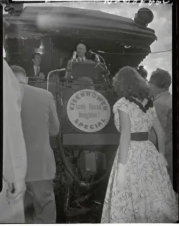 Joseph Prints: Woman Sporting I Like Ike Print Dress Listening to Eisenhower Speech