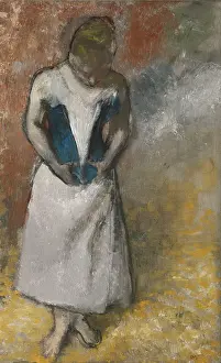 Stylish Prints: Woman standing from the front, clasping her corset, ca