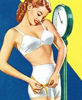 Blue Background Gallery: Woman Standing on a Scale