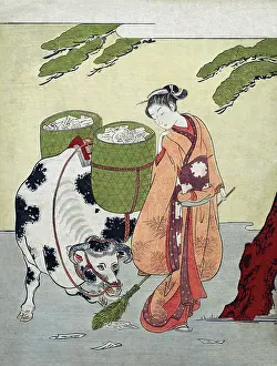 The Pierce Archive Prints: Woman sweeps up her love letter and puts them in baskets on a cow