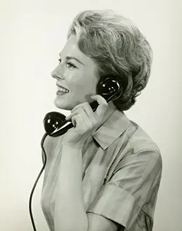 Wavy Hair Prints: Woman using phone, posing in studio, (B&W), (Close-up)