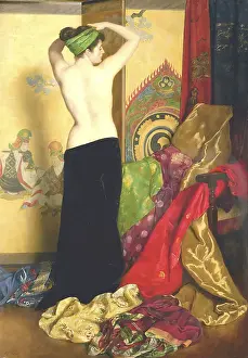 Cloth Prints: A woman in back view, covering her head with a green cloth