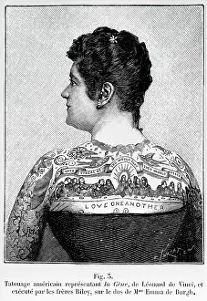 Woman W/Elaborate Tattoos--Woodcut