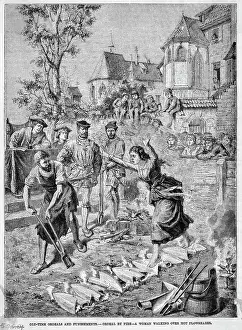 Prints of (Original Caption). An illustration of a woman accused of infidelity walking over white-hot plowshares in an attempt to prove her innocence. Undated illustration Discover the beauty and mystery of the medieval era: Woman Walks Over Hot Plowshares