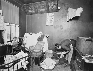 Washing Prints: Woman Washing with Youngsters Nearby