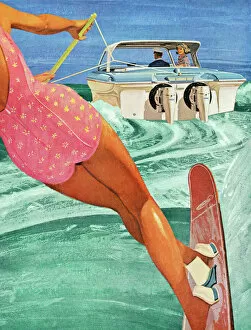 Captivating Art Illustrations Collection: Woman Waterskiing