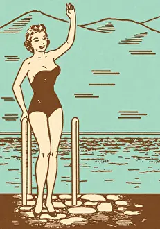 Woman Waving by the Side of a Pool
