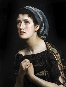 Contemplative Prints: A woman wearing a headscarf holds her hands folded