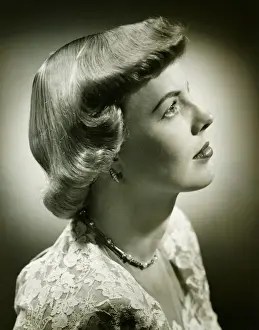 Woman wearing lace dress posing in studio, (B&W), (Close-up), (Portrait)