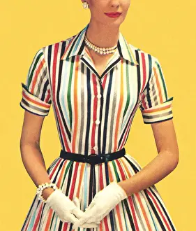 Woman wearing old-fashioned striped dress with white gloves