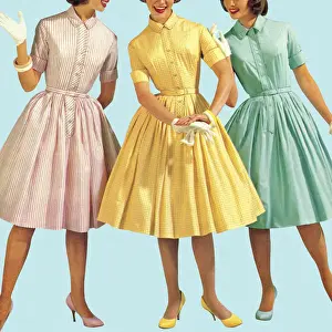 Three Woman Wearing Pastel Colored Dresses