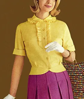 Brown Background Prints: Woman Wearing Yellow Top and White Gloves