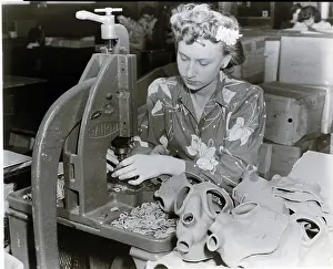 Gas Mask Prints: Woman Worker At World War Ii Punchpress