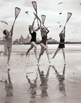 Long Beach Prints: Women Playing Lacrosse on Beach