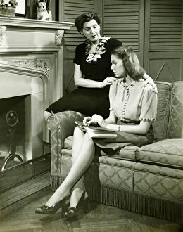 35 39 Years Collection: Two women sitting on couch, discussing, (B&W)