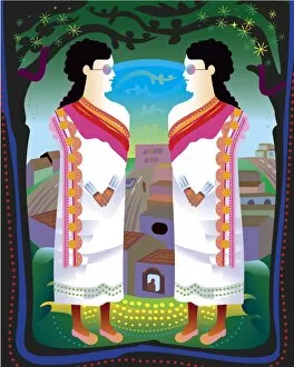 Art Illustrations Gallery: Two women in traditional dress in front of town