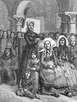 Women in typical traditional costume in church at a service, 1869, Brittany, France, Historic, digitally restored reproduction of an original 19th century painting, exact original date unknown