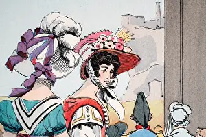 Womens hats and bonnets adorned with flowers, ribbons, feathers, History of Fashion