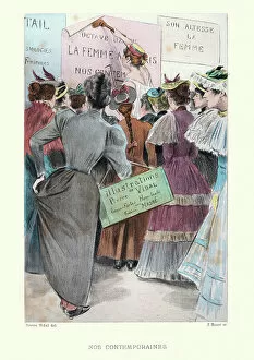 Women's Suffragettes Collection: Women's right activists putting up posters, Victorian, French, 19th Century