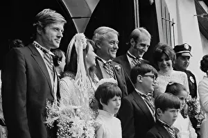 Prints of American actress Natalie Wood (1938 - 1981) with British agent Richard Gregson and guests at their wedding, 30th May 1969. Among the guests is actor Robert Redford (left) Grace, Glamour & Timeless Elegance: Wood Wedding