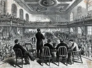 Meeting Prints: Woodcut Audience Listens To Speaker