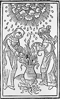 Headcloth Prints: Woodcut Book Illustration of Witches Standing At Cauldron