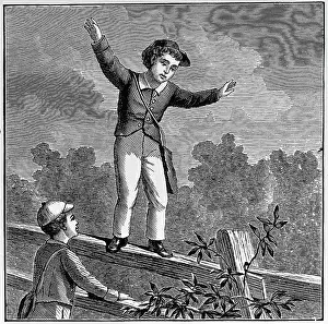 Balancing Prints: Woodcut Of Boy Walking On Fence/Balancin