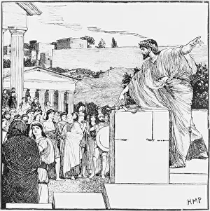 Ancient Greek Prints: Woodcut of Demosthenes Speaking to Outdoor Assembly