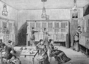 Woodcut Depiction of Early Telephone Room