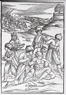 Arab Prints: Woodcut of Doctor Cauterizing Wounded Soldier