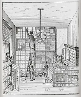 Woodcut of Employees Working in Mail Room