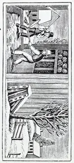 Farmer Prints: Woodcut Of Farmers Threshing Wheat/Barn