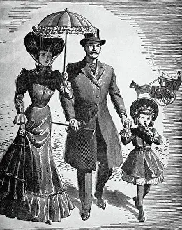 Parasol Prints: Woodcut; Fashionable Family On A Walk
