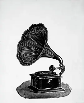 1910s Style Prints: Woodcut Gramophone W/Long Soundhorn