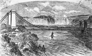 Tightrope Prints: Woodcut Illustration of Charles Blondin Crossing Niagara River on Tightrope