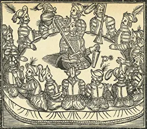 Arthur Prints: Woodcut of King Arthur and the Knights of the Round Table