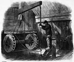 Petroleum Prints: Woodcut; Man Bores For Oil In Farmhouse