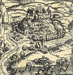 Woodcut of Medieval European Town on Hill