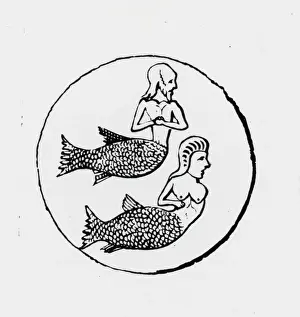 Myth Prints: Woodcut Of Merman And Mermaid
