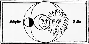 Woodcut Of Moon Eclipsing Sun & Earth