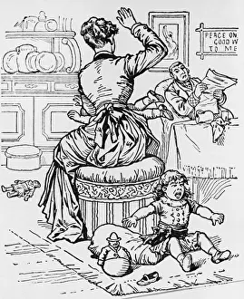 Woodcut Of Mother Spanking Her Children