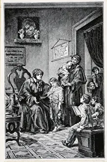 Receiving Prints: Woodcut Of Nuns Receiving Parentless Boy