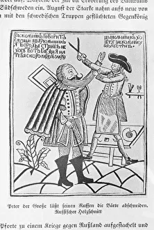 Oppression Prints: Woodcut of Peter the Great cutting the beard of a boyar