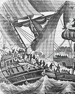 Attacking Prints: Woodcut of Pirates Boarding Merchant Ship