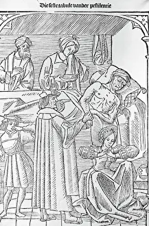 Surrounding Prints: Woodcut of Plague Patient Surrounded By Doctors
