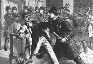 Grabbing Prints: Woodcut Print of Police Raiding Bookie Room